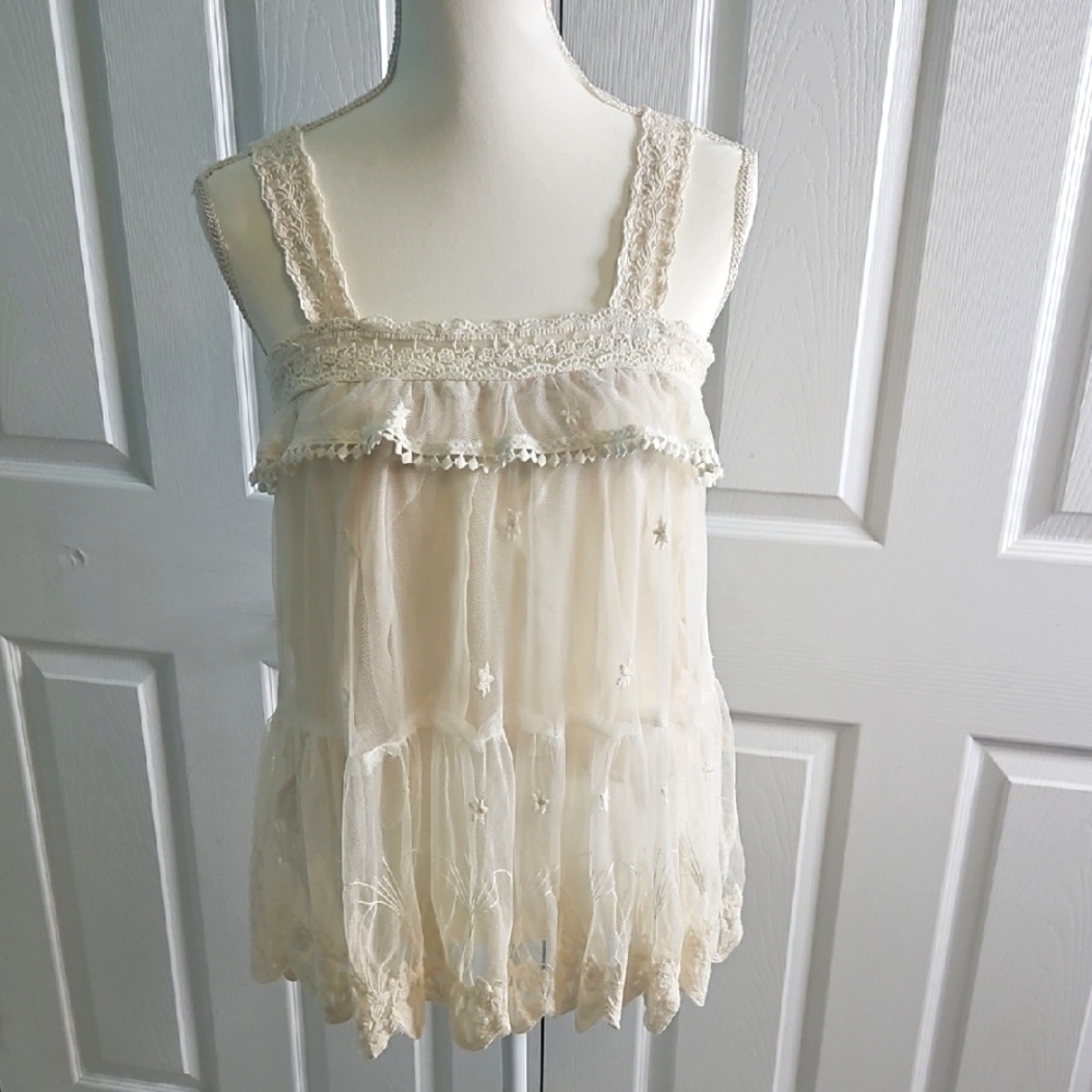 Vintage Cream Lace Trim Sheer Top With Silky Underliner.